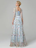 A-Line Evening Gown Floral Dress Holiday Wedding Guest Floor Length 3/4 Length Sleeve Illusion Neck Lace with Embroidery