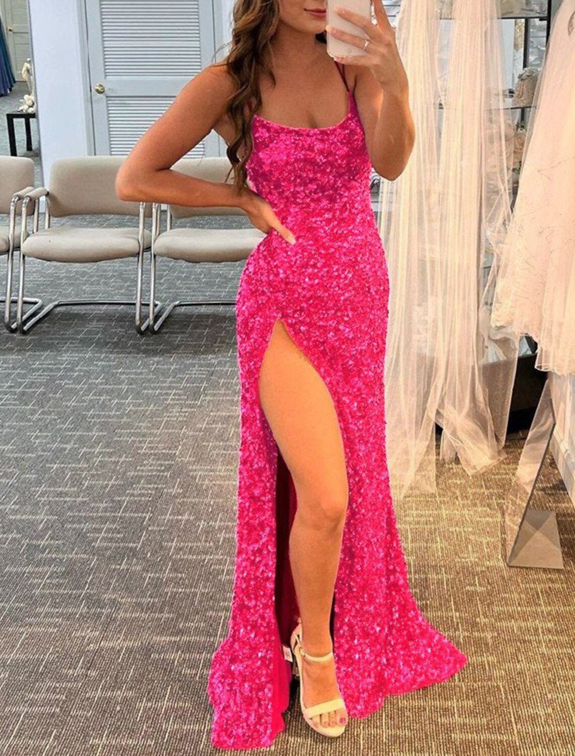 Mermaid / Trumpet Prom Dresses Sparkle & Shine Dress Wedding Guest Party Wear Floor Length Sleeveless Spaghetti Strap Sequined with Sequin Slit