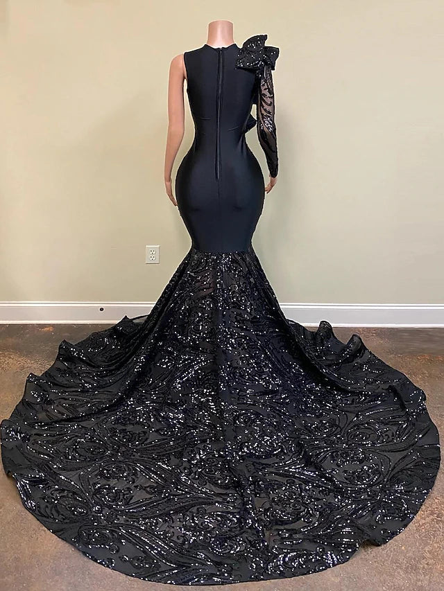 Mermaid / Trumpet Evening Gown Floral Dress Formal Chapel Train Long Sleeve One Shoulder African American Sequined with Sequin