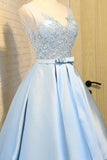 A-line Satin V Neck Homecoming Dresses Party Dress with Appliques