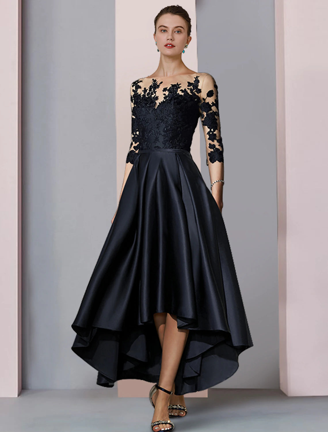 A-Line Mother of the Bride Dress Fall Wedding Guest Elegant High Low Scoop Neck Asymmetrical Tea Length Satin Lace 3/4 Length Sleeve with Pleats Appliques