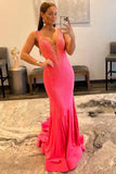 Mermaid Deep V Neck Long Prom Dress with Beading