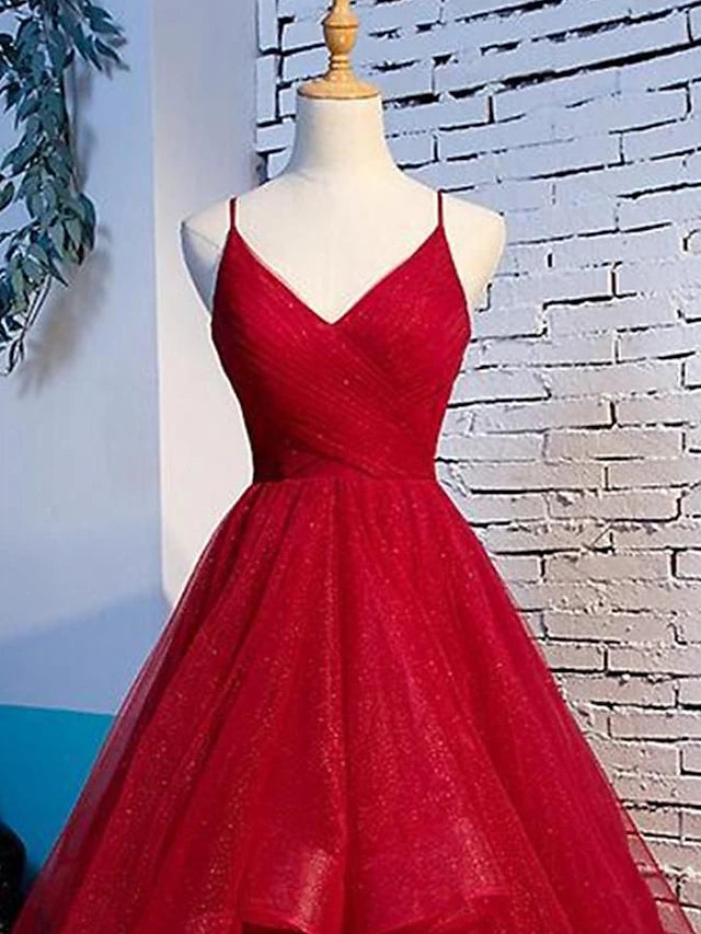 A-Line Prom Dresses Sexy Dress Party Wear Floor Length Sleeveless Spaghetti Strap Tulle with Ruffles