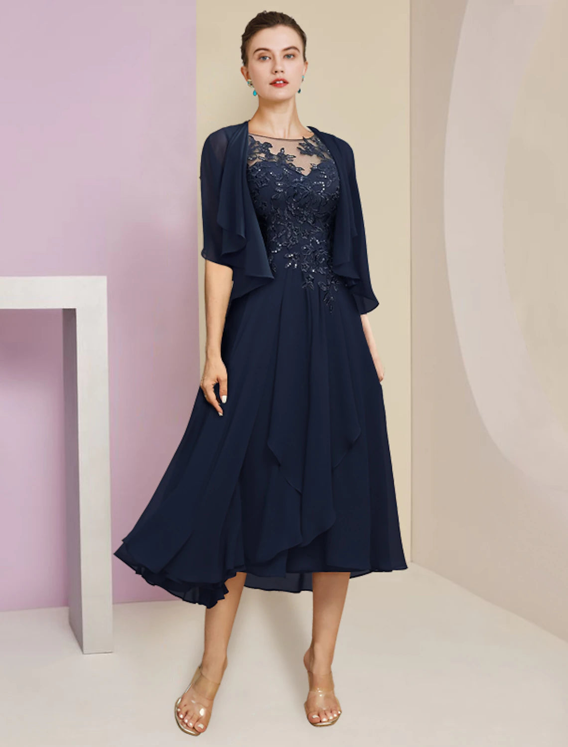 Two Piece A-Line Scoop Neck Tea Length Satin Lace Half Sleeve with Pleats Mother of the Bride Dress Party main image 0