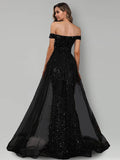 Mermaid / Trumpet Evening Gown Black Dress Formal Sweep / Brush Train Sleeveless Off Shoulder Tulle with Sequin