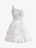 A Line One Shoulder Tiered Lace Short Homecoming Dress