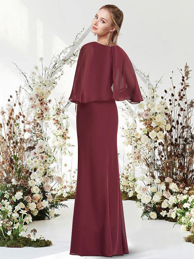 Sheath / Column Minimalist Elegant Engagement Formal Evening Dress Jewel Neck Half Sleeve Floor Length Chiffon with Sash / Ribbon