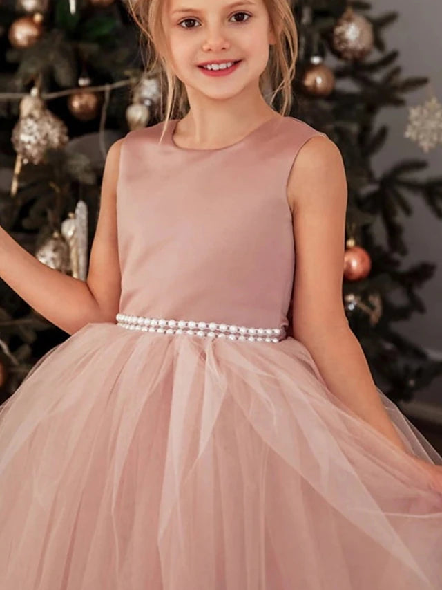 Kids Little Girls' Tutu flower Dress Solid Colored Party Wedding Special Occasion Backless Ruched Mesh Pink Lace Maxi Sleeveless Elegant Princess Beautiful Dusty rose Regular Fit 3-10 Years
