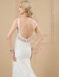 Wedding Dresses Mermaid / Trumpet Sweetheart Spaghetti Strap Chapel Train Satin Bridal Gowns With Buttons Appliques