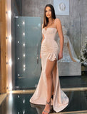 Mermaid / Trumpet Minimalist Sexy Engagement Formal Evening Dress Strapless Sleeveless Floor Length Charmeuse with Draping Slit