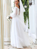 Beach Wedding Dresses A-Line Off Shoulder Long Sleeve Floor Length Tulle Bridal Gowns With Lace Insert Appliques