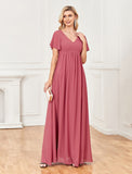 A-Line Evening Gown Empire Dress Party Wear Floor Length Short Sleeve V Neck Chiffon V Back with Slit