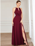 A-Line Prom Dresses Elegant Dress Wedding Guest Floor Length Sleeveless Halter Chiffon with Draping Pure Color