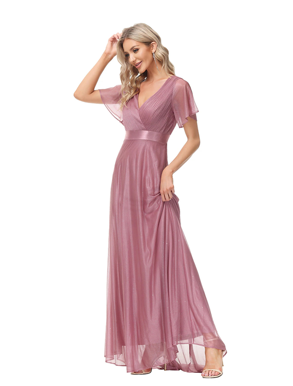 A-Line Evening Gown Empire Dress Wedding Guest Floor Length Short Sleeve V Neck Tulle with Ruched Ruffles