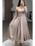A-Line Evening Gown Elegant Dress Formal Wedding Ankle Length Long Sleeve Jewel Neck Fall Wedding Guest Satin with Pearls Sequin