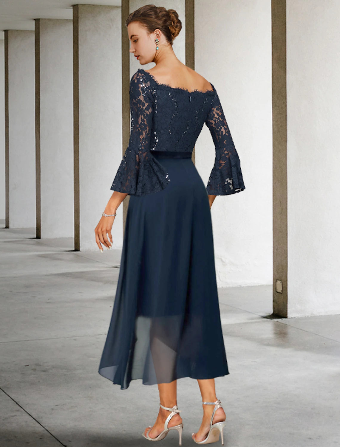 Two Piece Sheath / Column Mother of the Bride Dress Formal Wedding Guest Party Elegant Off Shoulder Knee Length Chiffon Lace Imitated Silk 3/4 Length Sleeve with Bow(s)