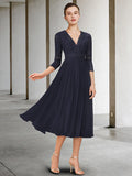 A-Line Mother of the Bride Dress Elegant V Neck Tea Length Chiffon Lace Half Sleeve with Pleats