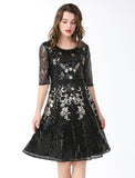 A-Line Cocktail Dresses Vintage Dress Holiday Knee Length Half Sleeve Jewel Neck Cotton Blend with Sequin Splicing