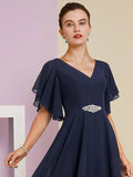 A-Line Mother of the Bride Dress Formal Wedding Guest Elegant V Neck Tea Length Chiffon Lace Short Sleeve with Appliques Crystal Brooch