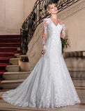 Engagement Formal Wedding Dresses Mermaid / Trumpet Sweetheart Long Sleeve Court Train Lace Bridal Gowns With Beading