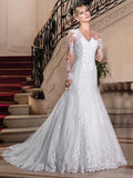 Engagement Formal Wedding Dresses Court Train Mermaid / Trumpet Long Sleeve Sweetheart Lace With Beading