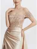 Sheath / Column Evening Gown Elegant Dress Formal Floor Length Short Sleeve Off Shoulder Sequined with Glitter Pleats Slit