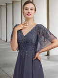 A-Line Plus Size Curve Mother of the Bride Dress Elegant V Neck Ankle Length Chiffon Lace Short Sleeve with Beading Sequin Appliques