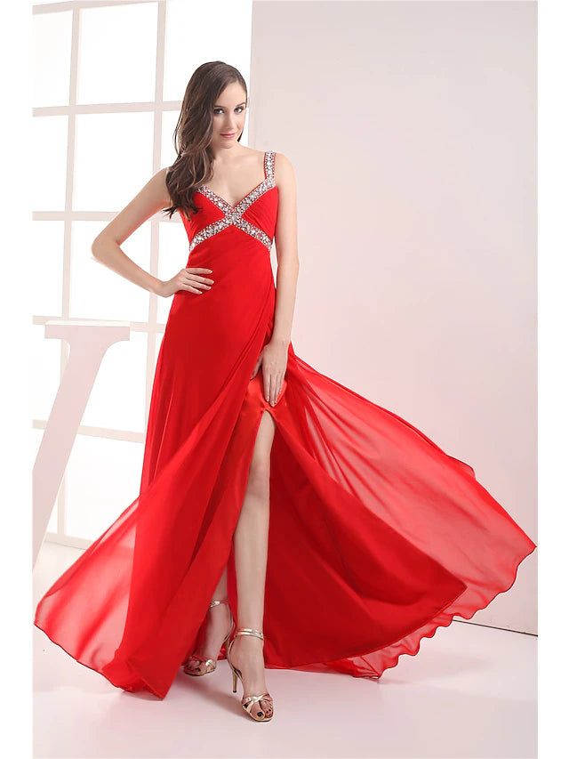 A-Line Evening Gown Elegant Dress Formal Evening Floor Length Sleeveless V Neck Chiffon with Ruched Beading Slit