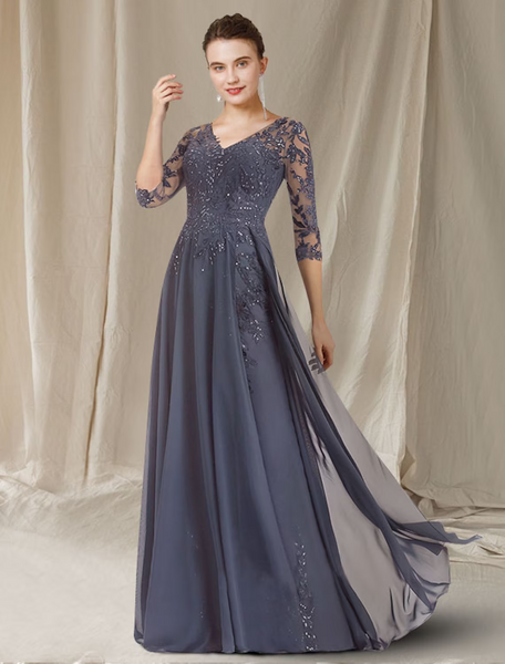 A-Line Mother of the Bride Dress Elegant V Neck Floor Length Chiffon L ...