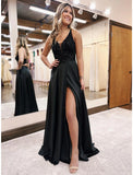 A-Line Evening Gown Empire Dress Formal Prom Floor Length Sleeveless V Neck Pocket Satin Backless with Beading Appliques