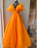 Ball Gown Evening Gown Celebrity Style Dress Wedding Party Floor Length Short Sleeve V Neck Organza with Pleats Ruffles