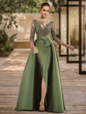 A-Line Evening Gown Open Back Dress Formal Wedding Guest Floor Length 3/4 Length Sleeve Scoop Neck Lace with Slit Strappy