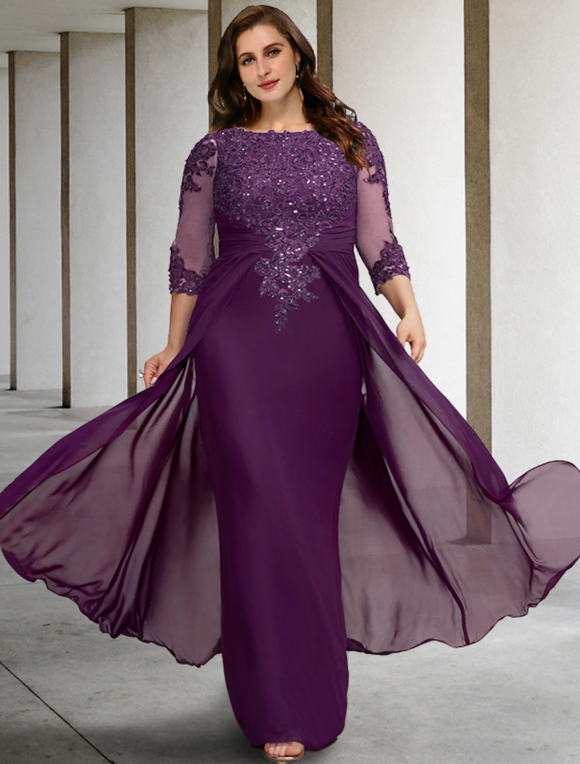 Sheath / Column Plus Size Curve Mother of the Bride Dresses Elegant Dress Formal Wedding Guest Floor Length Half Sleeve Jewel Neck Chiffon with Ruched Beading Appliques