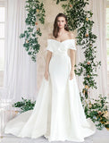 Hall Casual Wedding Dresses Sheath / Column Off Shoulder Cap Sleeve Chapel Train Satin Bridal Gowns With Ruched