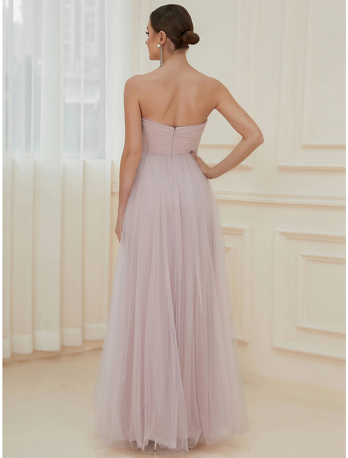 A-Line Evening Gown Elegant Dress Wedding Guest Floor Length Sleeveless Off Shoulder Tulle with Pure Color Tiered