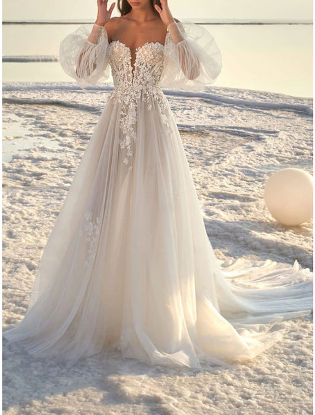 Beach Formal Wedding Dresses A-Line Off Shoulder Long Sleeve Court Tra ...