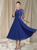 A-Line Mother of the Bride Dress Elegant Jewel Neck Tea Length Chiffon Lace Half Sleeve with Sequin Appliques