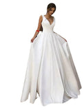 Reception Casual Formal Wedding Dresses A-Line V Neck Sleeveless Floor Length Satin Bridal Gowns With Pleats Solid Color