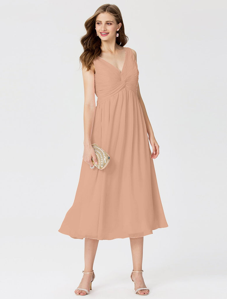 Ball Gown / A-Line V Neck Tea Length Chiffon Bridesmaid Dress with Cri ...