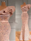 Mermaid / Trumpet Evening Gown Sparkle & Shine Dress Engagement Sweep / Brush Train Sleeveless One Shoulder Sequined with Sequin Ruffles