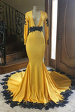 Mermaid Elegant Appliques Long Sleeve V neck Prom Dress