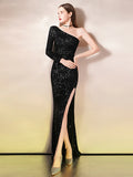 Mermaid / Trumpet Evening Gown Sparkle Dress Wedding Guest Floor Length Sleeveless One Shoulder Sequined with Sequin Slit