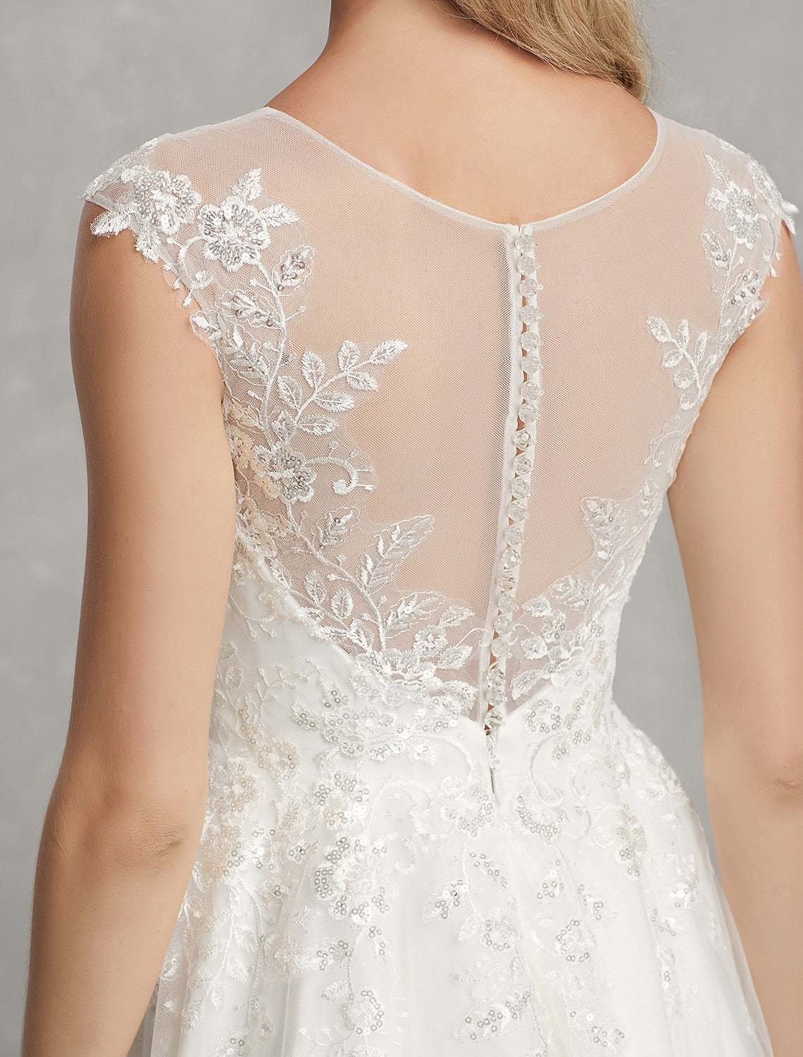 Reception Little White Dresses Wedding Dresses A-Line Illusion Neck Cap Sleeve Knee Length Lace Bridal Gowns With Appliques
