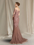 Mermaid / Trumpet Mother of the Bride Dress Elegant Jewel Neck Sweep / Brush Train Lace Tulle Half Sleeve with Appliques