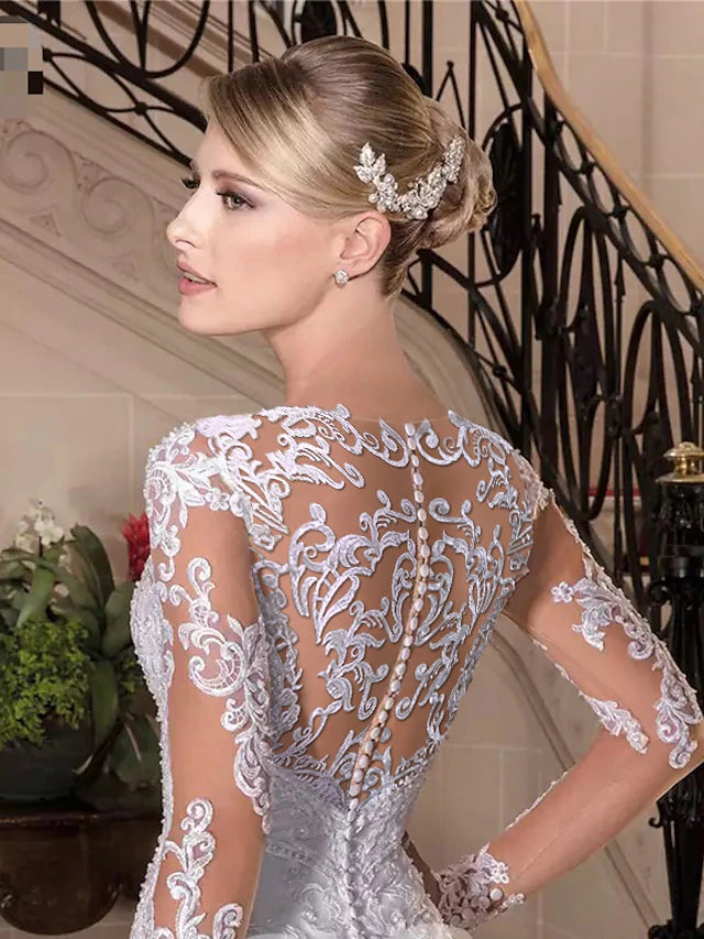 Engagement Formal Wedding Dresses Court Train Mermaid / Trumpet Long Sleeve Sweetheart Lace With Beading