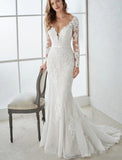 Engagement Open Back Formal Wedding Dresses Mermaid / Trumpet V Neck Long Sleeve Sweep / Brush Train Lace Bridal Gowns With
