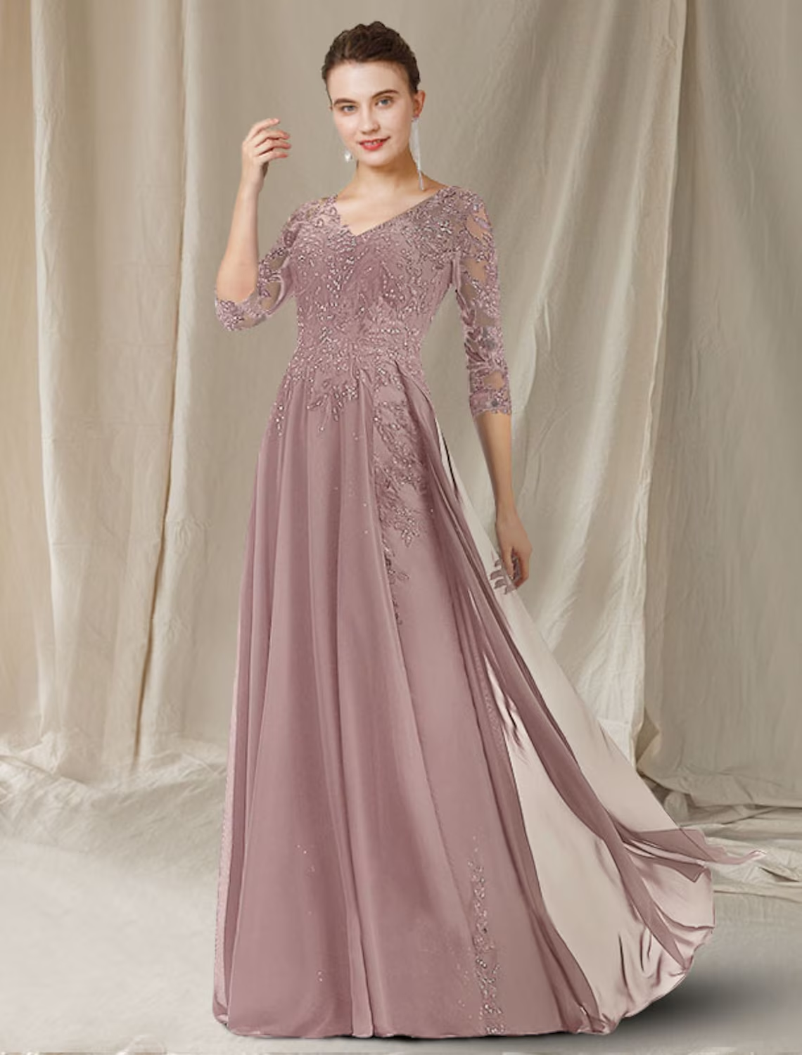 A-Line Mother of the Bride Dress Elegant V Neck Floor Length Chiffon L ...