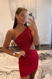 Bodycon One Shoulder Beading Satin Short Homecoming Dresses