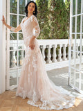 Engagement Formal Wedding Dresses Sweep / Brush Train Mermaid / Trumpet Long Sleeve Sweetheart Lace With Appliques