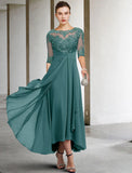 A-Line Mother of the Bride Dress Fall Wedding Guest Dresses Plus Size Elegant High Low V Neck Asymmetrical Ankle Length Chiffon Lace Half Sleeve with Beading Appliques